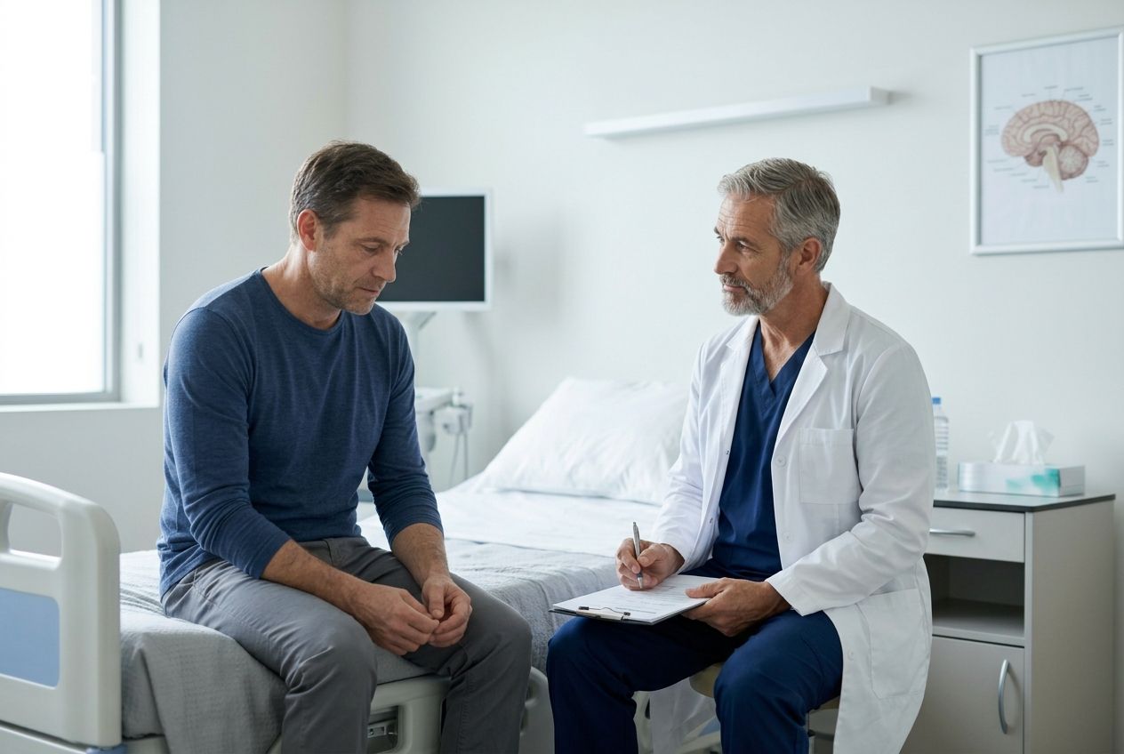 Лечение психопатии Врач беседует с пациентом в больничной палате